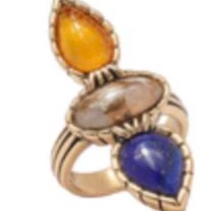 THREEFOLD STATEMENT RING, SIZE 8, ROYAL BLUE, TAN, GOLD, FAUX GOLD METAL,